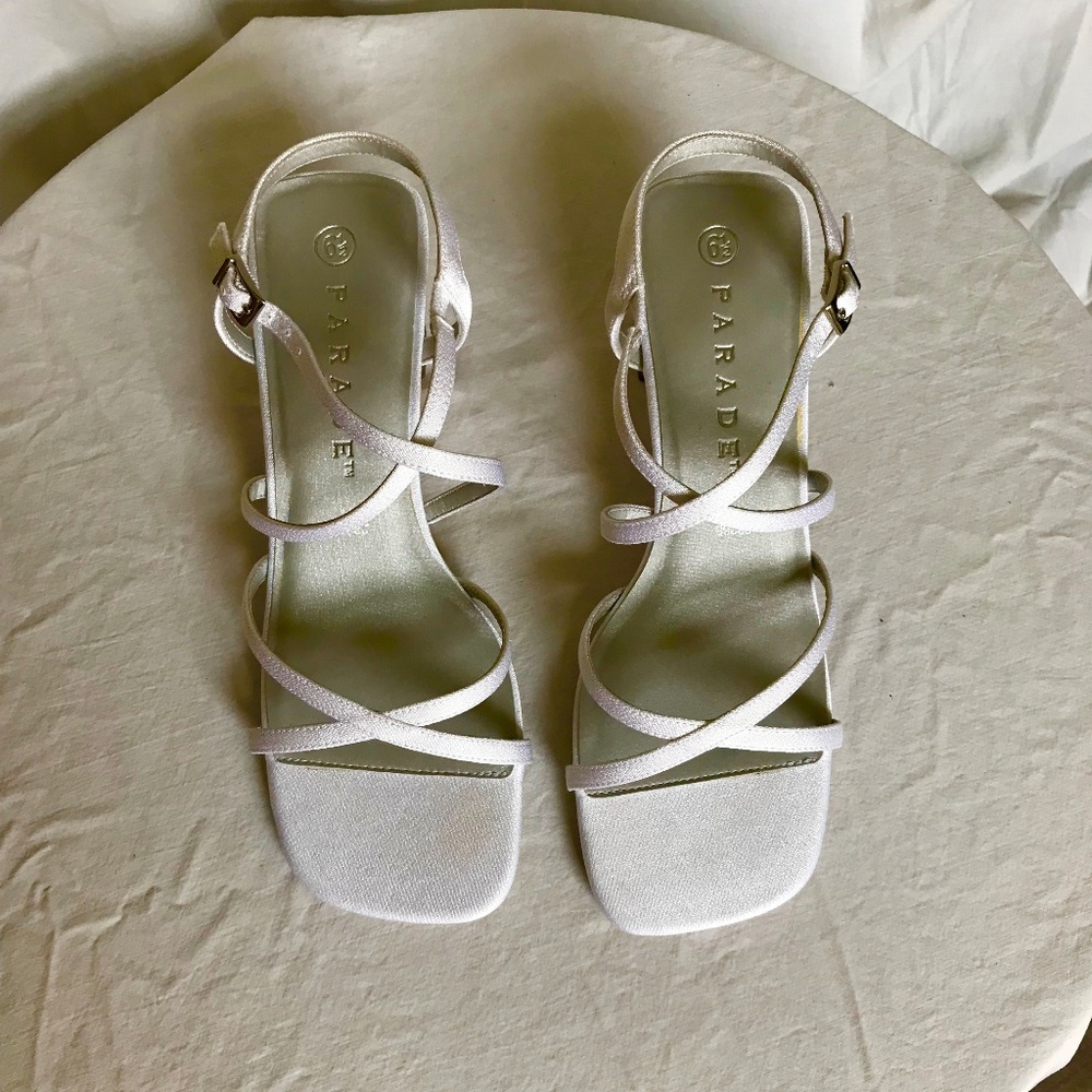 New Never Worn White/LTGray Satin Cloth Sandals